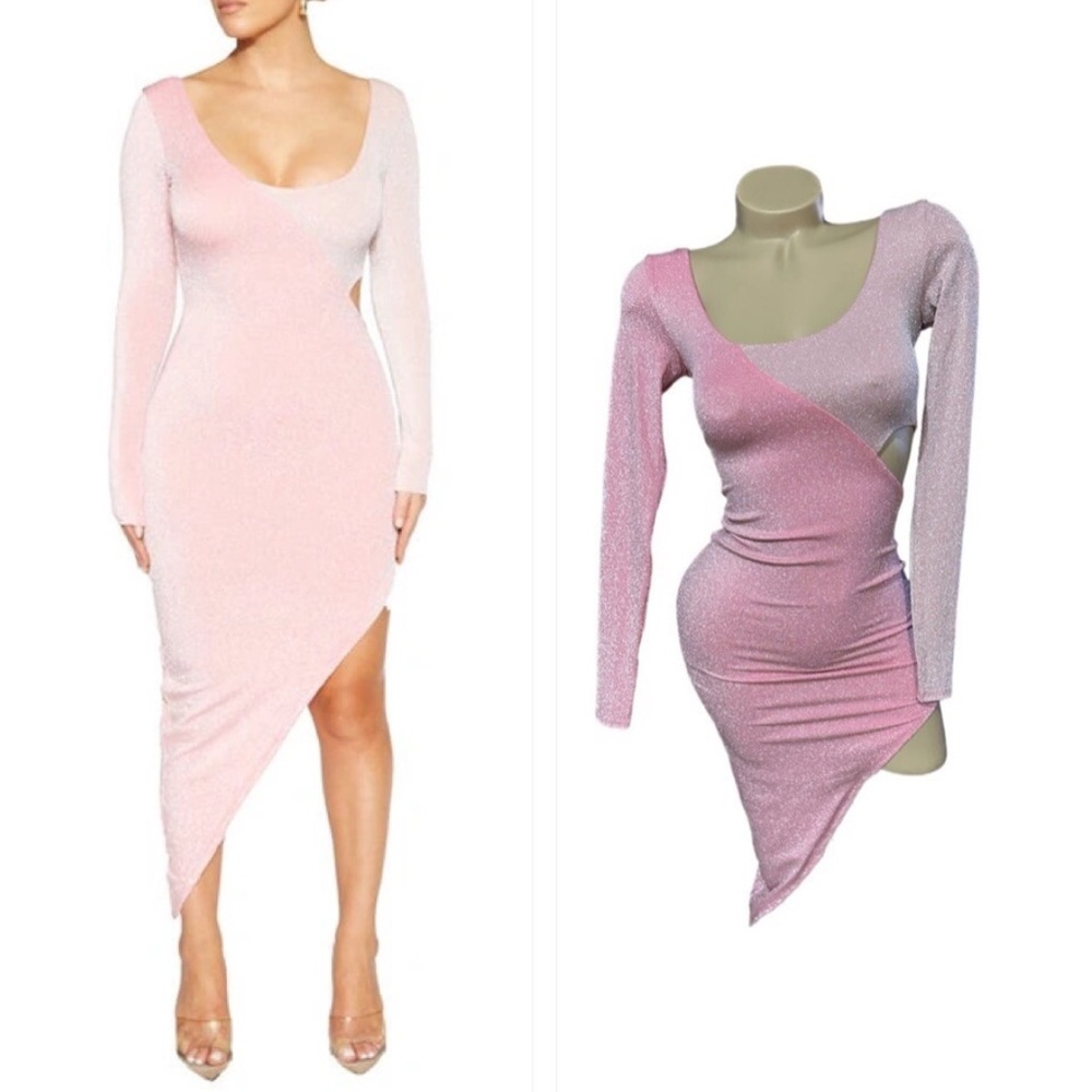 Naked WARDROBE Cutout Long Sleeve Side Slit Dress In Glitter Two Tone Pink Large